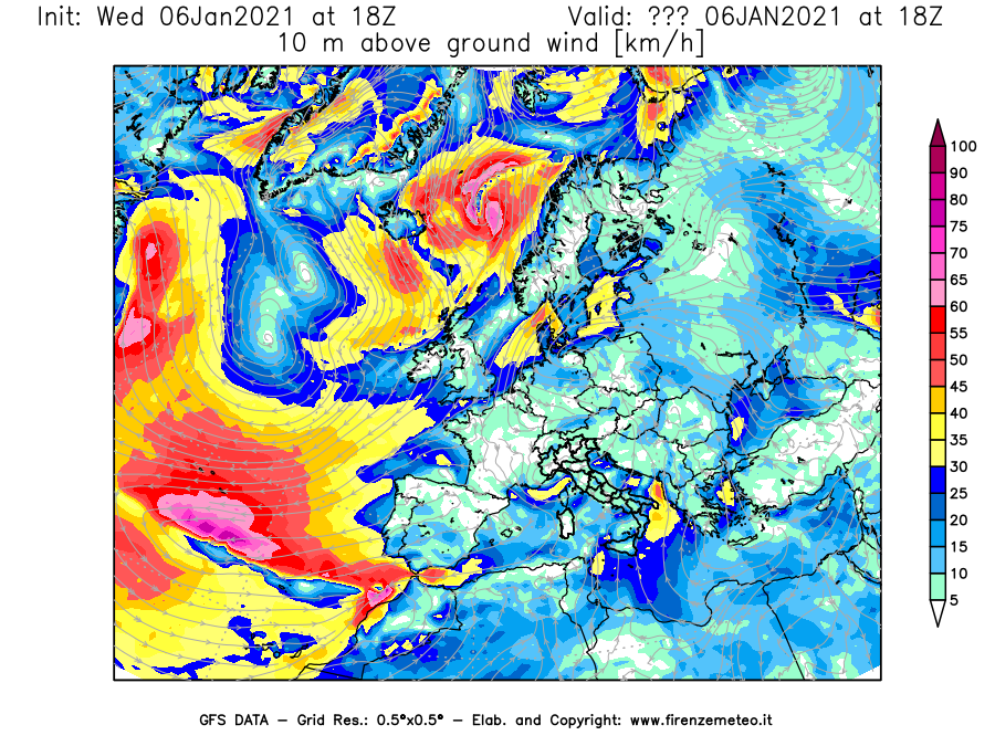 Mappa di analisi GFS - Velocità del vento a 10 metri dal suolo [km/h] in Europa
							del 06/01/2021 18 <!--googleoff: index-->UTC<!--googleon: index-->