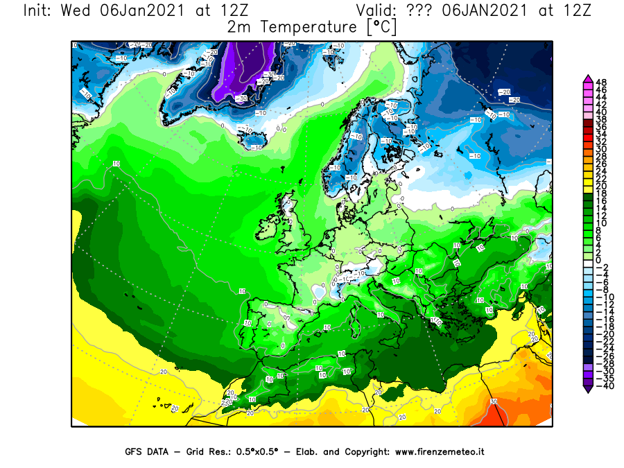 Mappa di analisi GFS - Temperatura a 2 metri dal suolo [°C] in Europa
									del 06/01/2021 12 <!--googleoff: index-->UTC<!--googleon: index-->