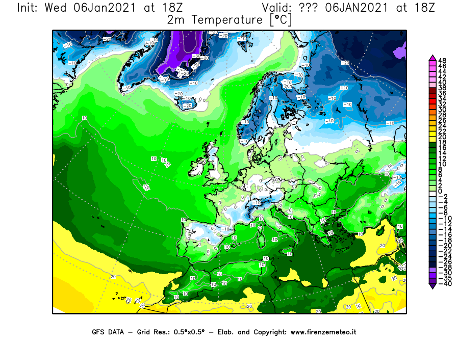 Mappa di analisi GFS - Temperatura a 2 metri dal suolo [°C] in Europa
									del 06/01/2021 18 <!--googleoff: index-->UTC<!--googleon: index-->