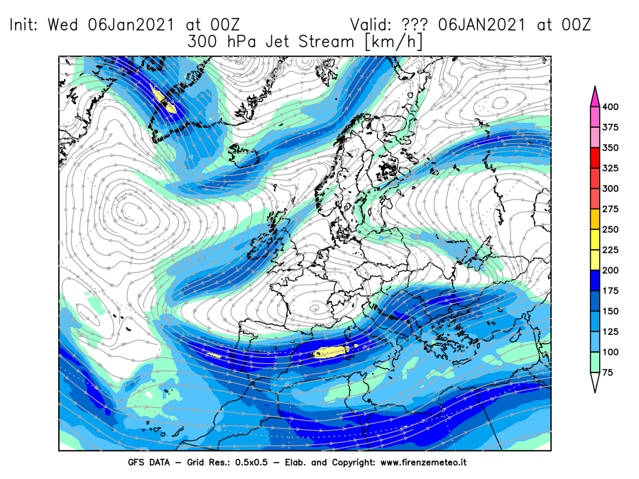 Mappa di analisi GFS - Jet Stream a 300 hPa in Europa
							del 06/01/2021 00 <!--googleoff: index-->UTC<!--googleon: index-->