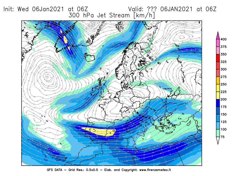 Mappa di analisi GFS - Jet Stream a 300 hPa in Europa
							del 06/01/2021 06 <!--googleoff: index-->UTC<!--googleon: index-->