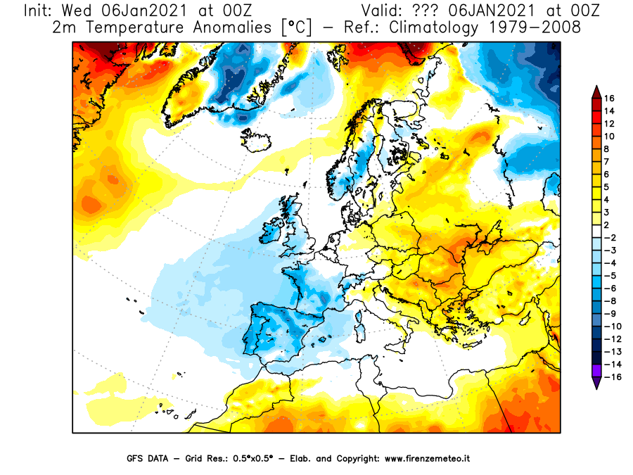 Mappa di analisi GFS - Anomalia Temperatura [°C] a 2 m in Europa
							del 06/01/2021 00 <!--googleoff: index-->UTC<!--googleon: index-->