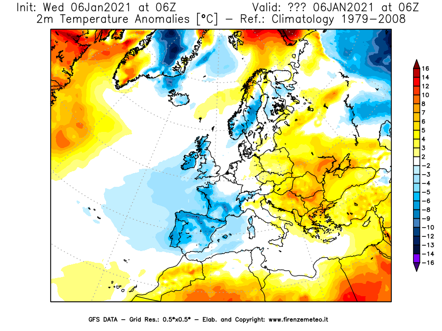 Mappa di analisi GFS - Anomalia Temperatura [°C] a 2 m in Europa
									del 06/01/2021 06 <!--googleoff: index-->UTC<!--googleon: index-->
