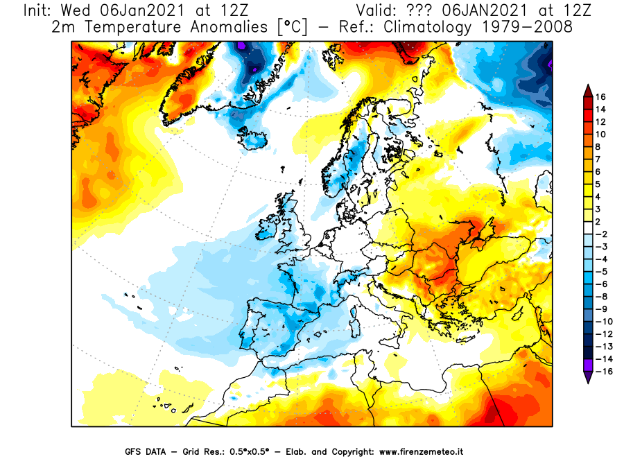 Mappa di analisi GFS - Anomalia Temperatura [°C] a 2 m in Europa
							del 06/01/2021 12 <!--googleoff: index-->UTC<!--googleon: index-->