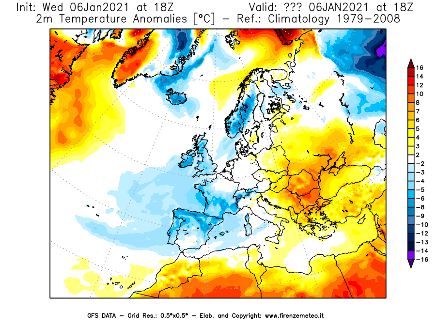 Mappa di analisi GFS - Anomalia Temperatura [°C] a 2 m in Europa
							del 06/01/2021 18 <!--googleoff: index-->UTC<!--googleon: index-->