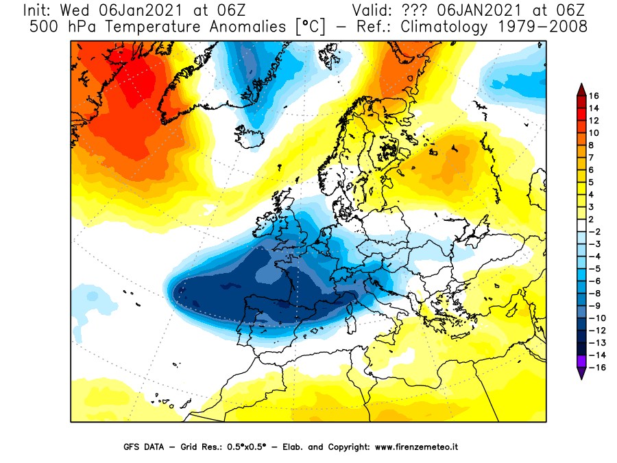 Mappa di analisi GFS - Anomalia Temperatura [°C] a 500 hPa in Europa
									del 06/01/2021 06 <!--googleoff: index-->UTC<!--googleon: index-->