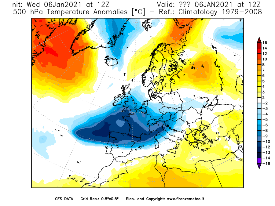 Mappa di analisi GFS - Anomalia Temperatura [°C] a 500 hPa in Europa
									del 06/01/2021 12 <!--googleoff: index-->UTC<!--googleon: index-->
