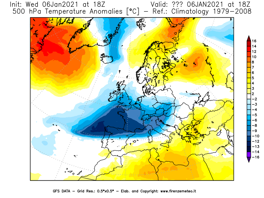 Mappa di analisi GFS - Anomalia Temperatura [°C] a 500 hPa in Europa
							del 06/01/2021 18 <!--googleoff: index-->UTC<!--googleon: index-->