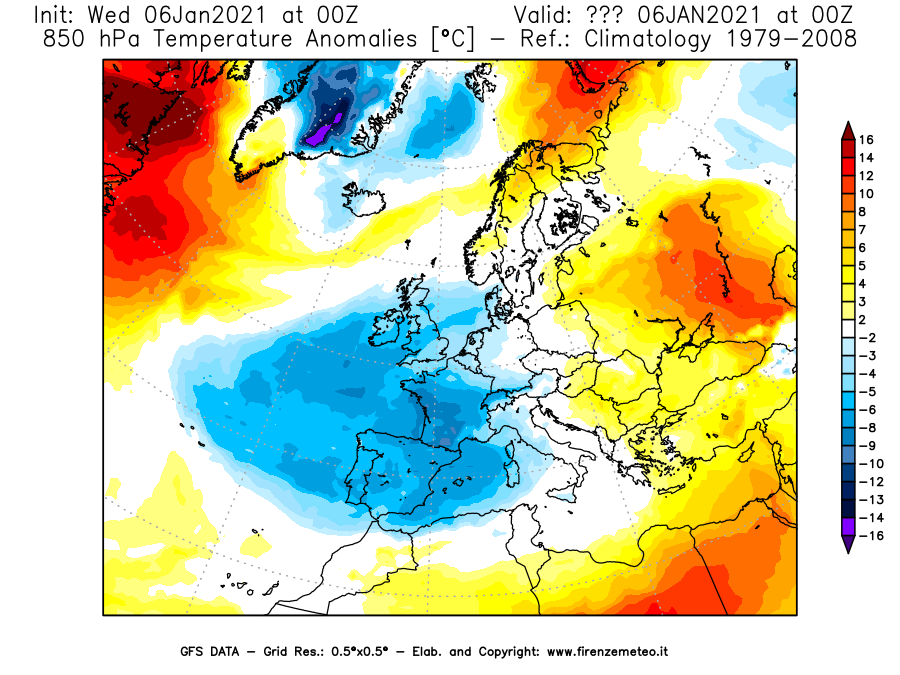 Mappa di analisi GFS - Anomalia Temperatura [°C] a 850 hPa in Europa
									del 06/01/2021 00 <!--googleoff: index-->UTC<!--googleon: index-->