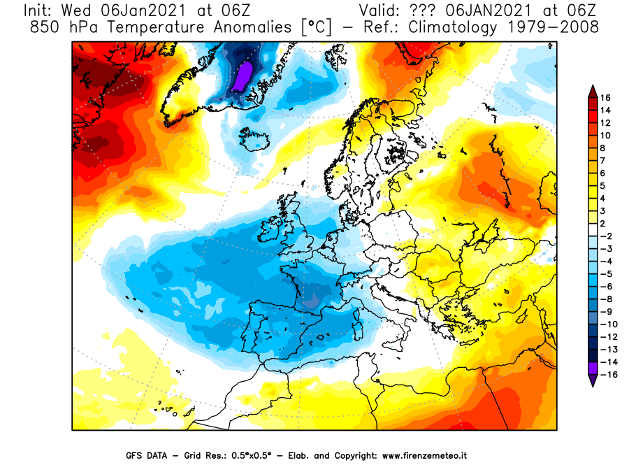 Mappa di analisi GFS - Anomalia Temperatura [°C] a 850 hPa in Europa
									del 06/01/2021 06 <!--googleoff: index-->UTC<!--googleon: index-->
