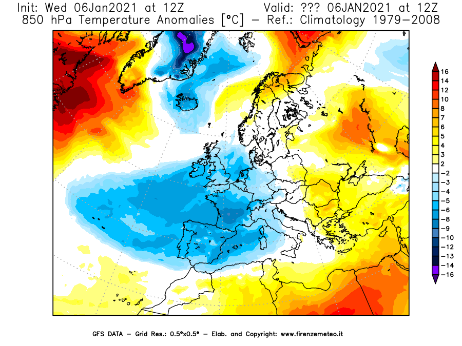 Mappa di analisi GFS - Anomalia Temperatura [°C] a 850 hPa in Europa
									del 06/01/2021 12 <!--googleoff: index-->UTC<!--googleon: index-->