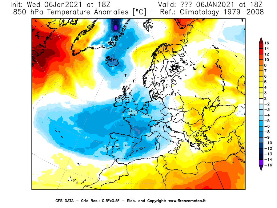 Mappa di analisi GFS - Anomalia Temperatura [°C] a 850 hPa in Europa
									del 06/01/2021 18 <!--googleoff: index-->UTC<!--googleon: index-->