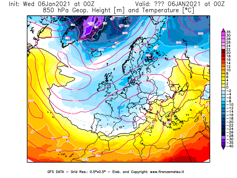 Mappa di analisi GFS - Geopotenziale [m] e Temperatura [°C] a 850 hPa in Europa
							del 06/01/2021 00 <!--googleoff: index-->UTC<!--googleon: index-->