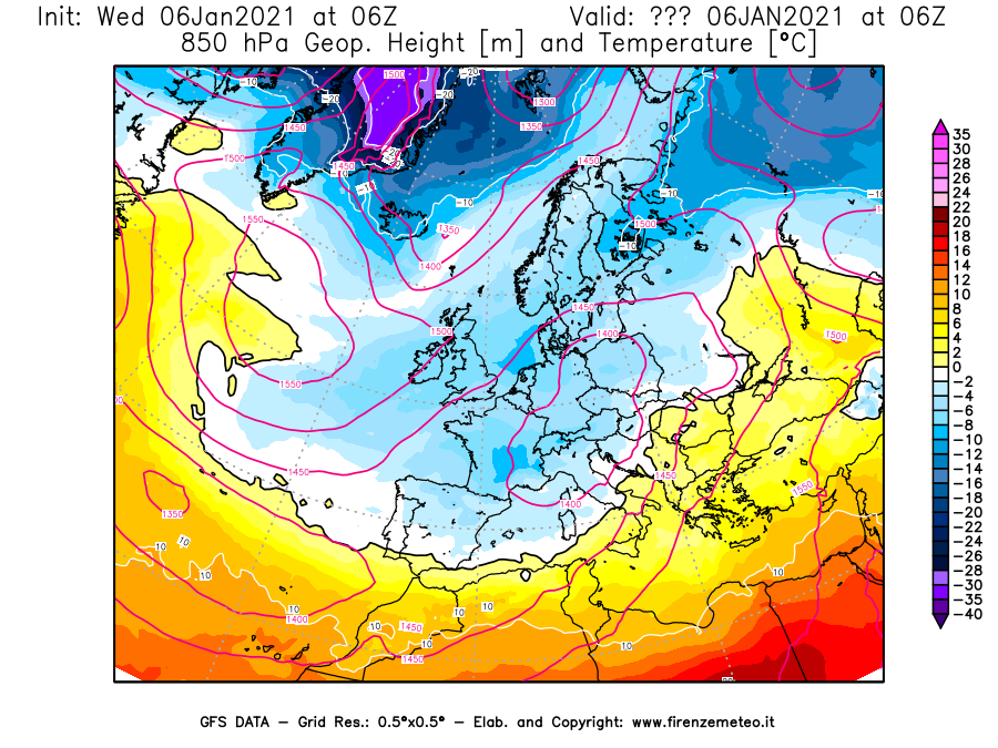 Mappa di analisi GFS - Geopotenziale [m] e Temperatura [°C] a 850 hPa in Europa
									del 06/01/2021 06 <!--googleoff: index-->UTC<!--googleon: index-->