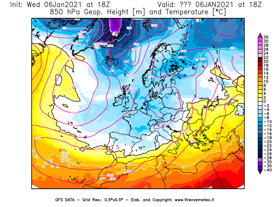Mappa di analisi GFS - Geopotenziale [m] e Temperatura [°C] a 850 hPa in Europa
									del 06/01/2021 18 <!--googleoff: index-->UTC<!--googleon: index-->