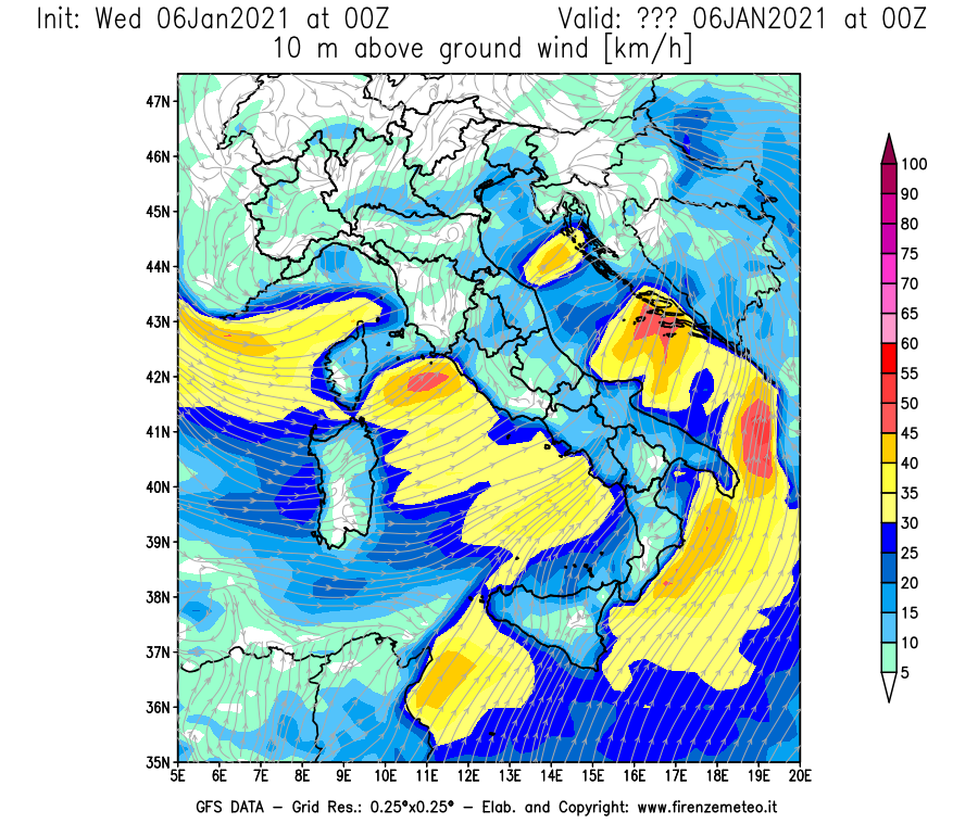 Mappa di analisi GFS - Velocità del vento a 10 metri dal suolo [km/h] in Italia
							del 06/01/2021 00 <!--googleoff: index-->UTC<!--googleon: index-->