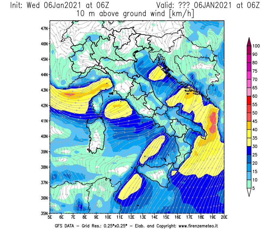 Mappa di analisi GFS - Velocità del vento a 10 metri dal suolo [km/h] in Italia
							del 06/01/2021 06 <!--googleoff: index-->UTC<!--googleon: index-->
