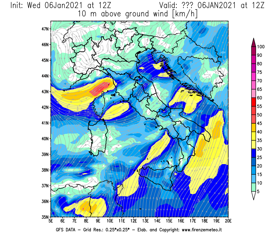 Mappa di analisi GFS - Velocità del vento a 10 metri dal suolo [km/h] in Italia
									del 06/01/2021 12 <!--googleoff: index-->UTC<!--googleon: index-->