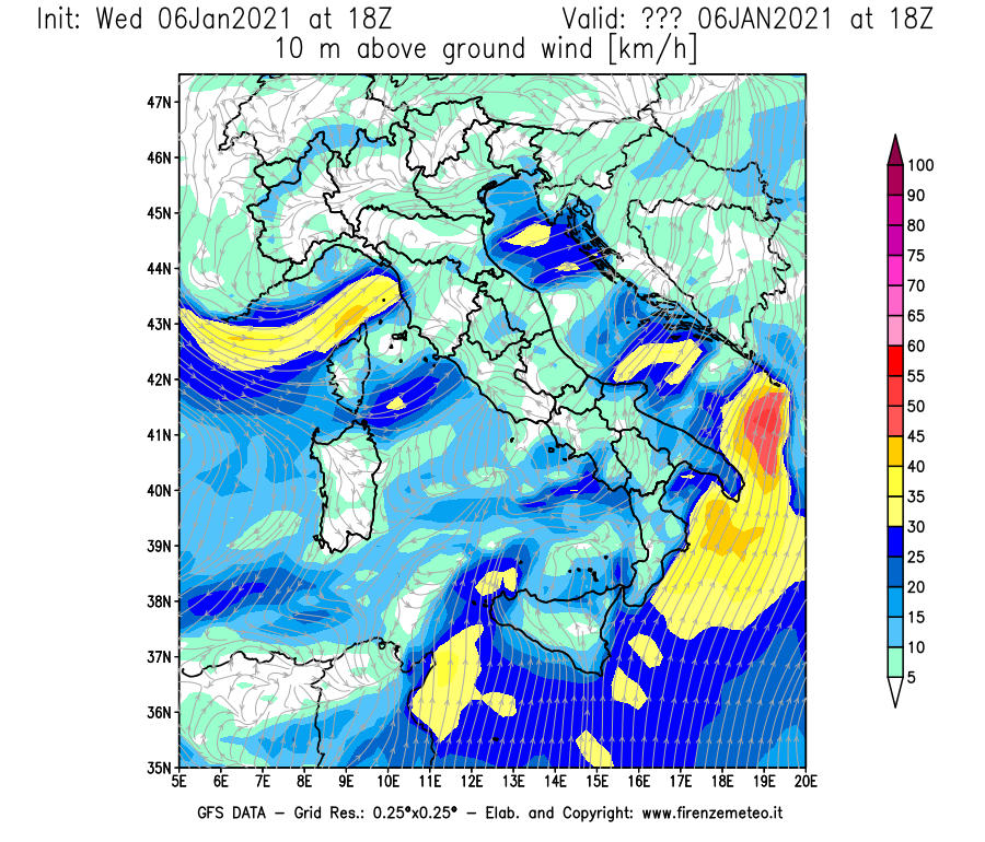 Mappa di analisi GFS - Velocità del vento a 10 metri dal suolo [km/h] in Italia
							del 06/01/2021 18 <!--googleoff: index-->UTC<!--googleon: index-->