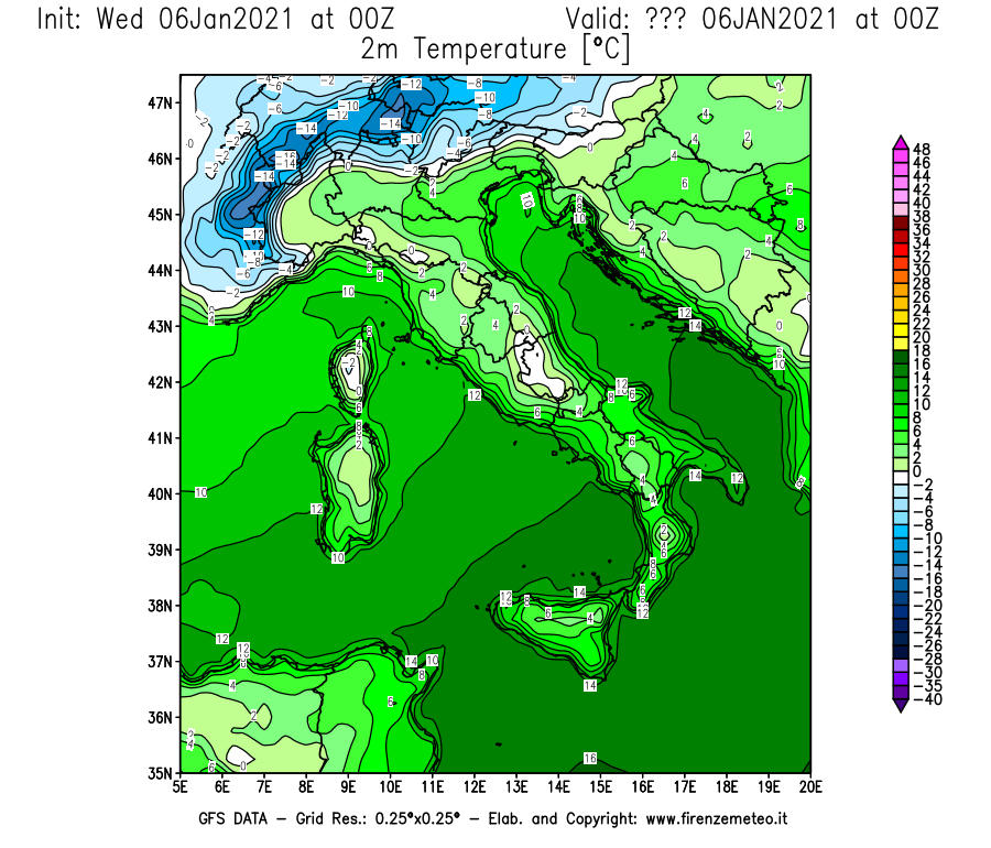 Mappa di analisi GFS - Temperatura a 2 metri dal suolo [°C] in Italia
									del 06/01/2021 00 <!--googleoff: index-->UTC<!--googleon: index-->