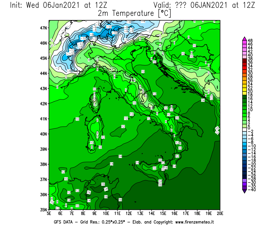 Mappa di analisi GFS - Temperatura a 2 metri dal suolo [°C] in Italia
									del 06/01/2021 12 <!--googleoff: index-->UTC<!--googleon: index-->