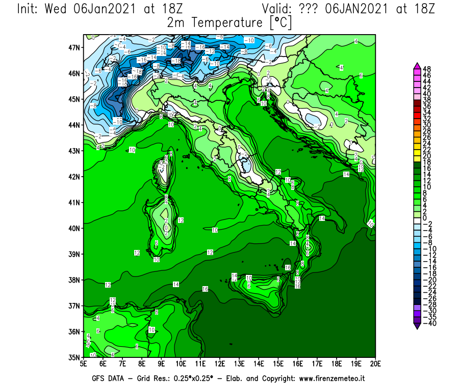 Mappa di analisi GFS - Temperatura a 2 metri dal suolo [°C] in Italia
							del 06/01/2021 18 <!--googleoff: index-->UTC<!--googleon: index-->