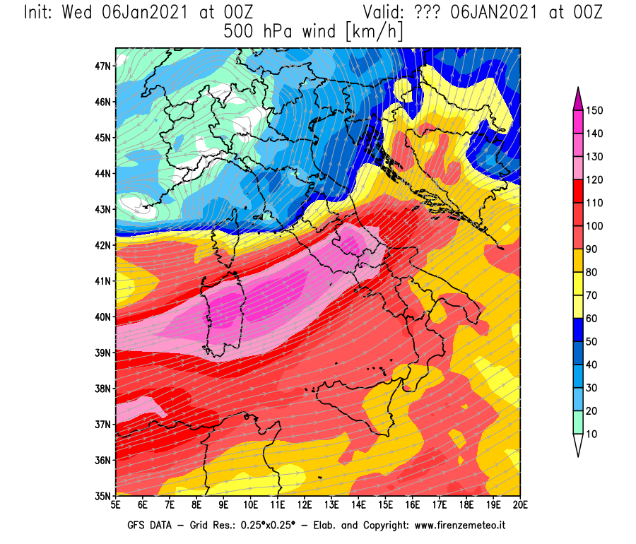 Mappa di analisi GFS - Velocità del vento a 500 hPa [km/h] in Italia
							del 06/01/2021 00 <!--googleoff: index-->UTC<!--googleon: index-->