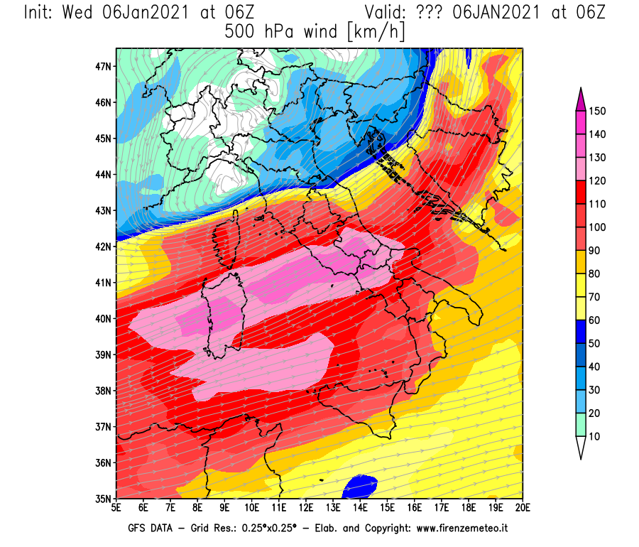 Mappa di analisi GFS - Velocità del vento a 500 hPa [km/h] in Italia
									del 06/01/2021 06 <!--googleoff: index-->UTC<!--googleon: index-->