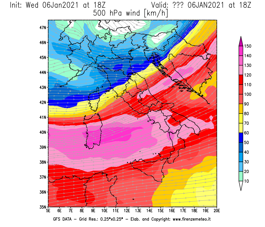Mappa di analisi GFS - Velocità del vento a 500 hPa [km/h] in Italia
									del 06/01/2021 18 <!--googleoff: index-->UTC<!--googleon: index-->