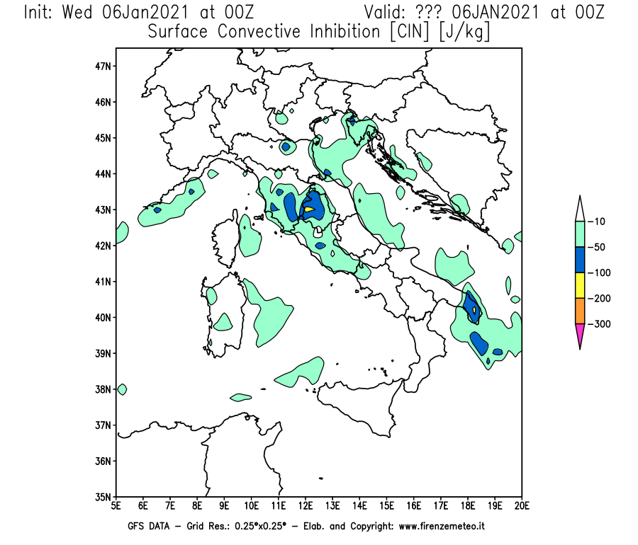 Mappa di analisi GFS - CIN [J/kg] in Italia
							del 06/01/2021 00 <!--googleoff: index-->UTC<!--googleon: index-->