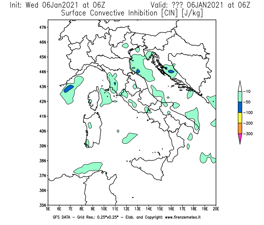 Mappa di analisi GFS - CIN [J/kg] in Italia
							del 06/01/2021 06 <!--googleoff: index-->UTC<!--googleon: index-->