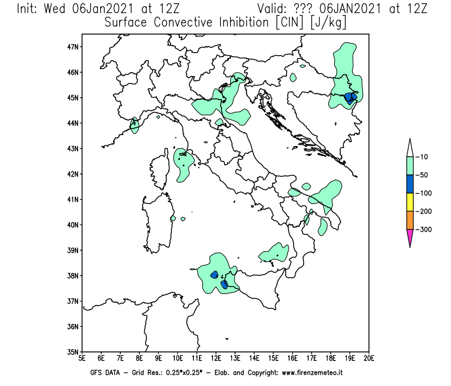 Mappa di analisi GFS - CIN [J/kg] in Italia
							del 06/01/2021 12 <!--googleoff: index-->UTC<!--googleon: index-->