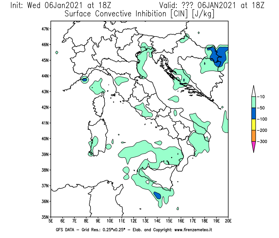 Mappa di analisi GFS - CIN [J/kg] in Italia
									del 06/01/2021 18 <!--googleoff: index-->UTC<!--googleon: index-->