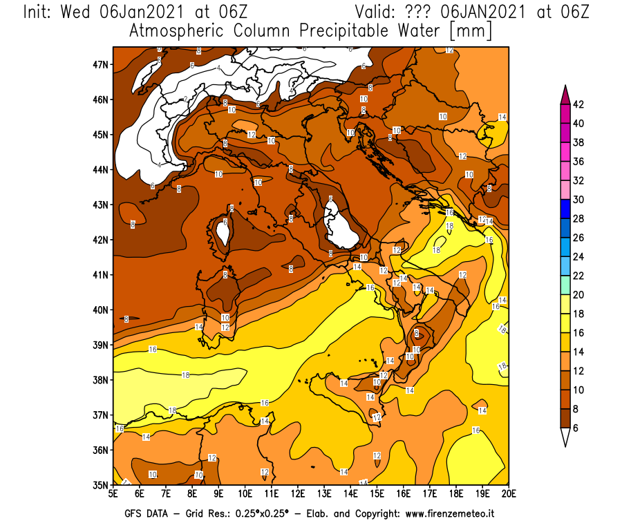Mappa di analisi GFS - Precipitable Water [mm] in Italia
									del 06/01/2021 06 <!--googleoff: index-->UTC<!--googleon: index-->