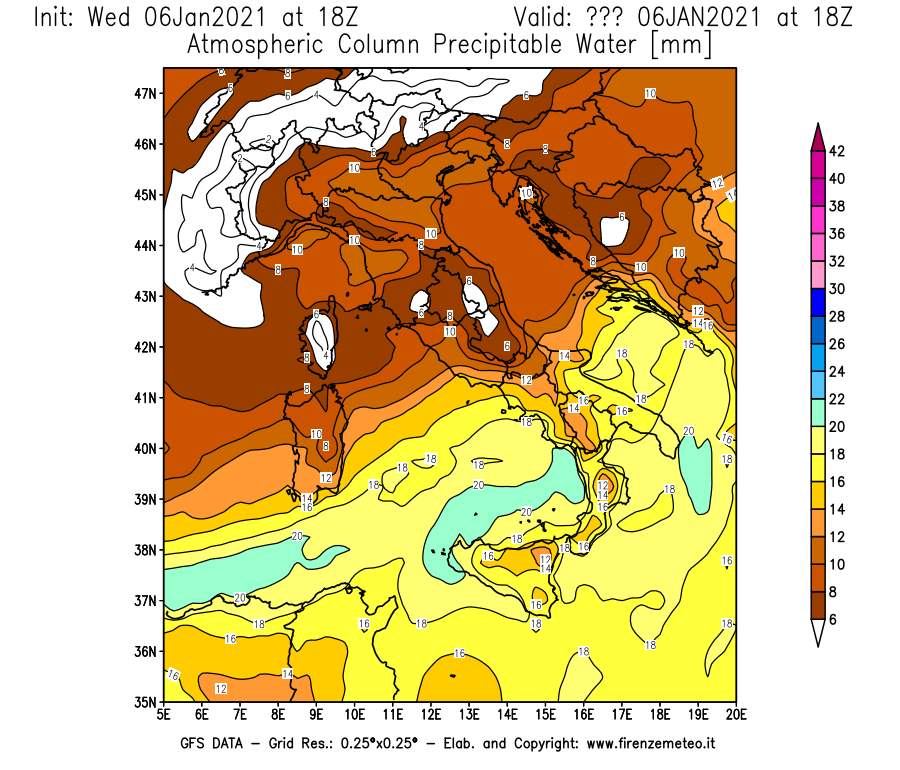 Mappa di analisi GFS - Precipitable Water [mm] in Italia
							del 06/01/2021 18 <!--googleoff: index-->UTC<!--googleon: index-->