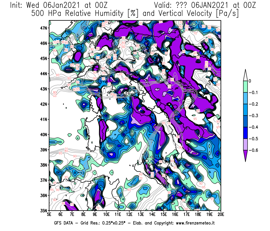 Mappa di analisi GFS - Umidità relativa [%] e Omega [Pa/s] a 500 hPa in Italia
							del 06/01/2021 00 <!--googleoff: index-->UTC<!--googleon: index-->