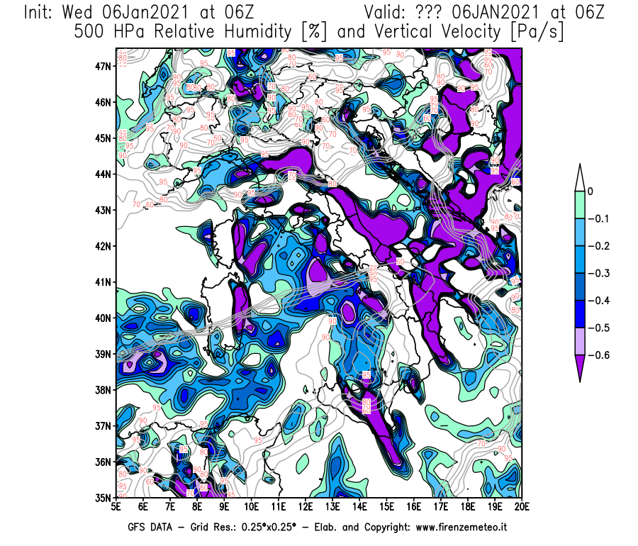 Mappa di analisi GFS - Umidità relativa [%] e Omega [Pa/s] a 500 hPa in Italia
							del 06/01/2021 06 <!--googleoff: index-->UTC<!--googleon: index-->