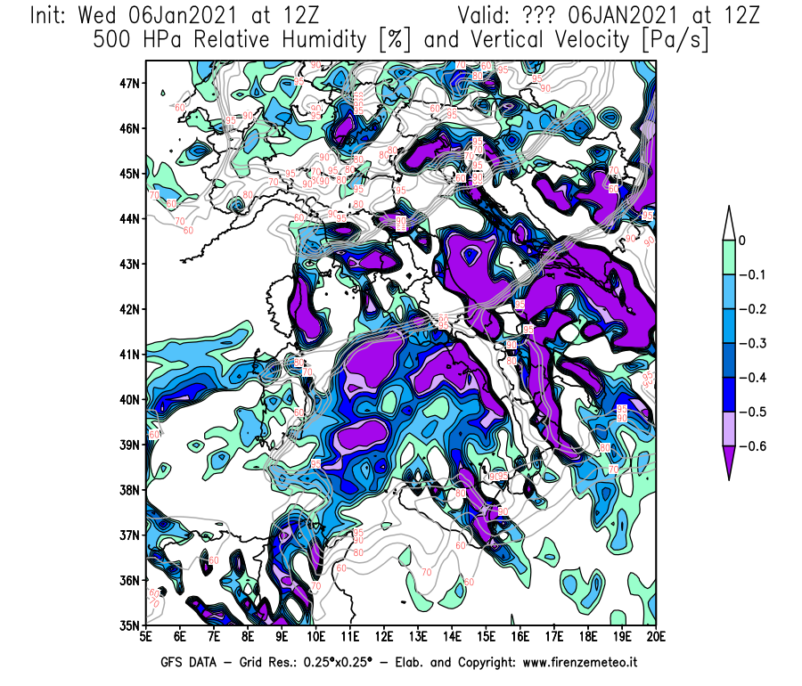 Mappa di analisi GFS - Umidità relativa [%] e Omega [Pa/s] a 500 hPa in Italia
									del 06/01/2021 12 <!--googleoff: index-->UTC<!--googleon: index-->