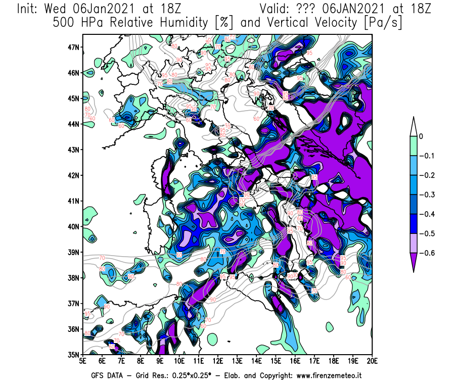 Mappa di analisi GFS - Umidità relativa [%] e Omega [Pa/s] a 500 hPa in Italia
									del 06/01/2021 18 <!--googleoff: index-->UTC<!--googleon: index-->