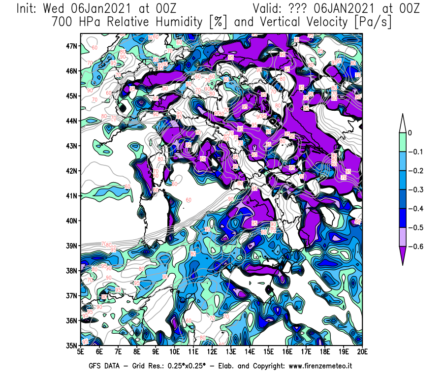 Mappa di analisi GFS - Umidità relativa [%] e Omega [Pa/s] a 700 hPa in Italia
									del 06/01/2021 00 <!--googleoff: index-->UTC<!--googleon: index-->