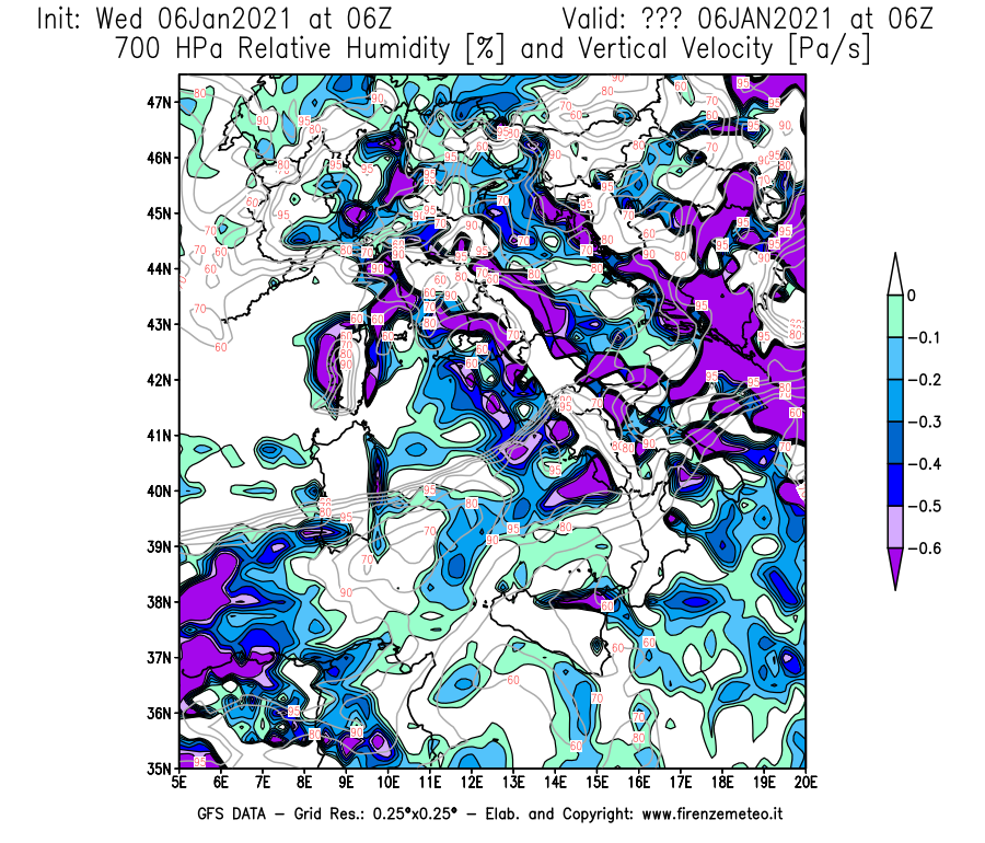 Mappa di analisi GFS - Umidità relativa [%] e Omega [Pa/s] a 700 hPa in Italia
									del 06/01/2021 06 <!--googleoff: index-->UTC<!--googleon: index-->