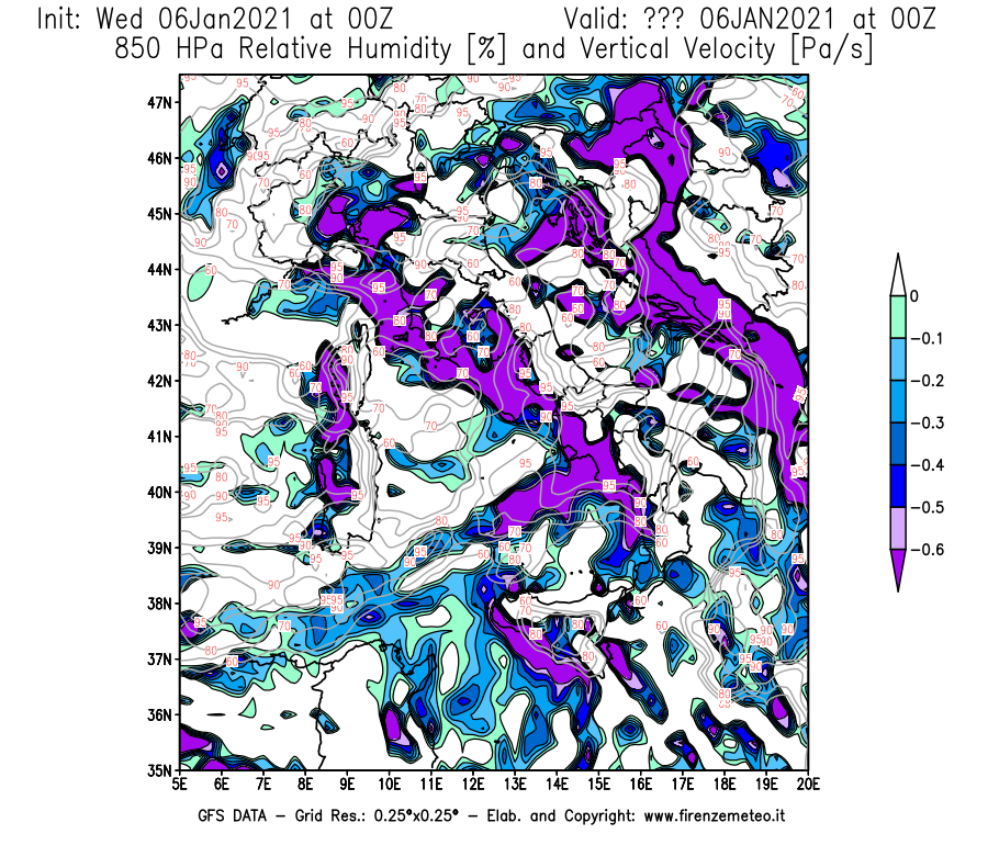 Mappa di analisi GFS - Umidità relativa [%] e Omega [Pa/s] a 850 hPa in Italia
									del 06/01/2021 00 <!--googleoff: index-->UTC<!--googleon: index-->