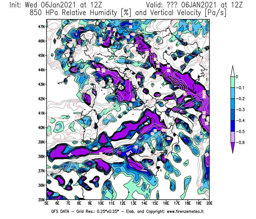 Mappa di analisi GFS - Umidità relativa [%] e Omega [Pa/s] a 850 hPa in Italia
									del 06/01/2021 12 <!--googleoff: index-->UTC<!--googleon: index-->