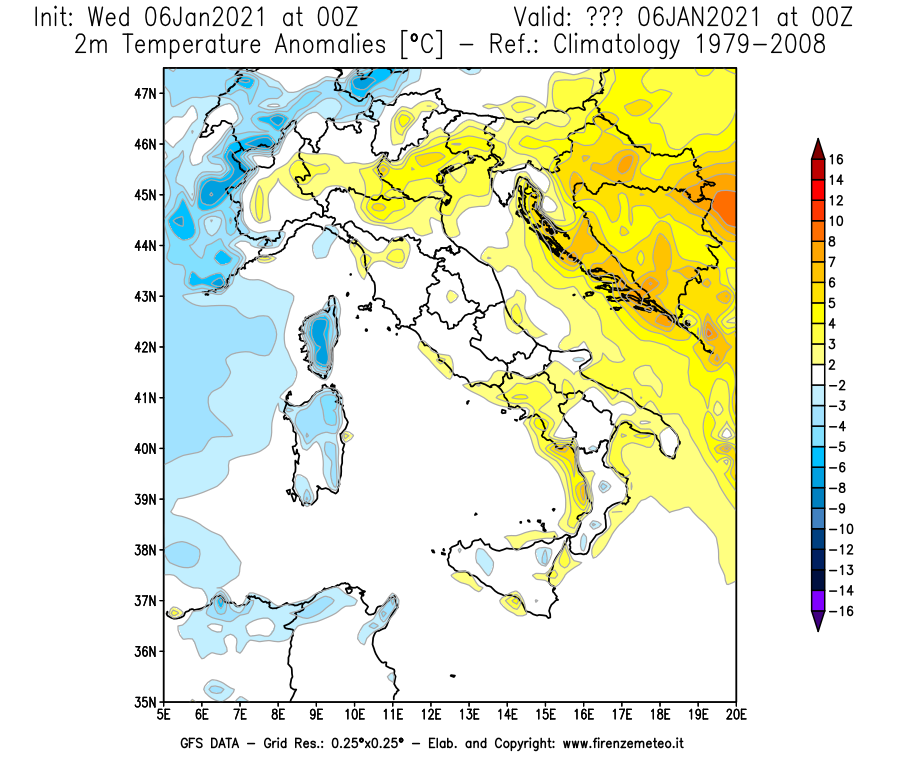 Mappa di analisi GFS - Anomalia Temperatura [°C] a 2 m in Italia
							del 06/01/2021 00 <!--googleoff: index-->UTC<!--googleon: index-->