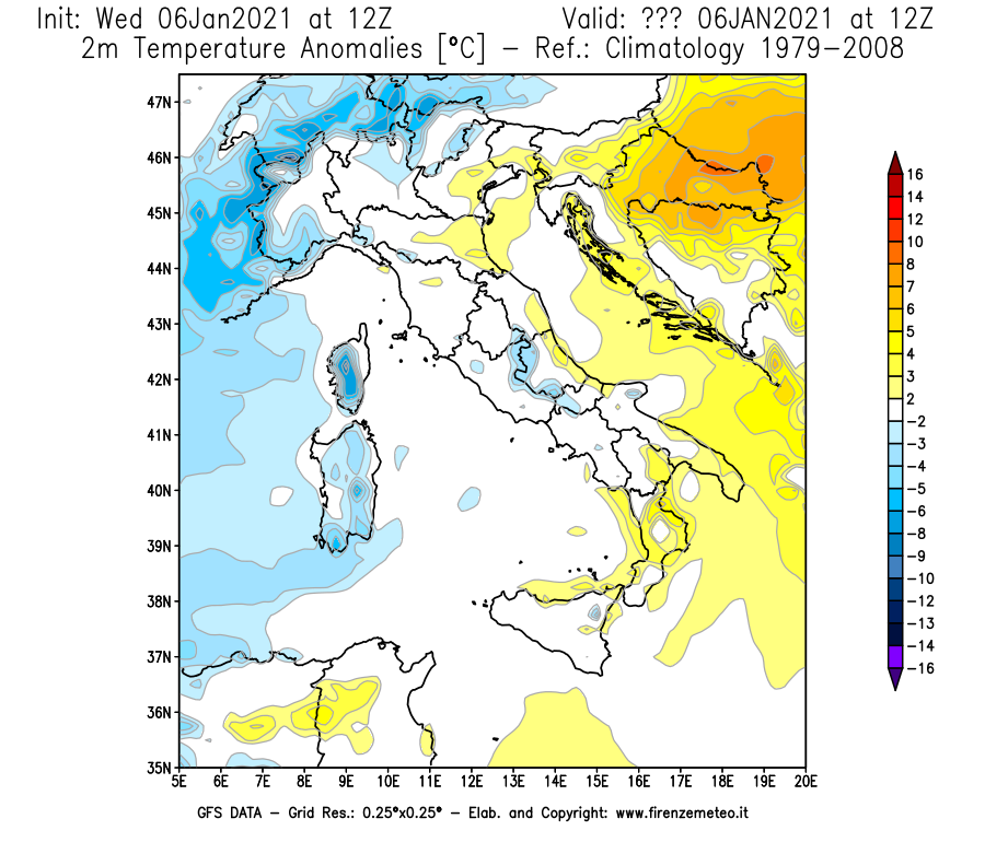 Mappa di analisi GFS - Anomalia Temperatura [°C] a 2 m in Italia
									del 06/01/2021 12 <!--googleoff: index-->UTC<!--googleon: index-->