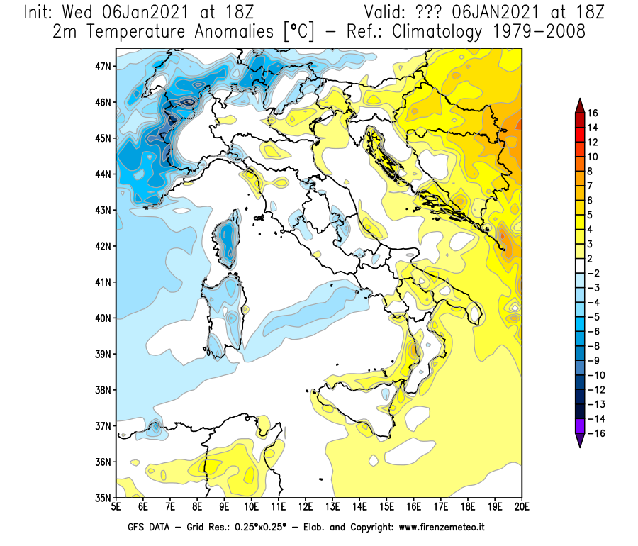Mappa di analisi GFS - Anomalia Temperatura [°C] a 2 m in Italia
									del 06/01/2021 18 <!--googleoff: index-->UTC<!--googleon: index-->
