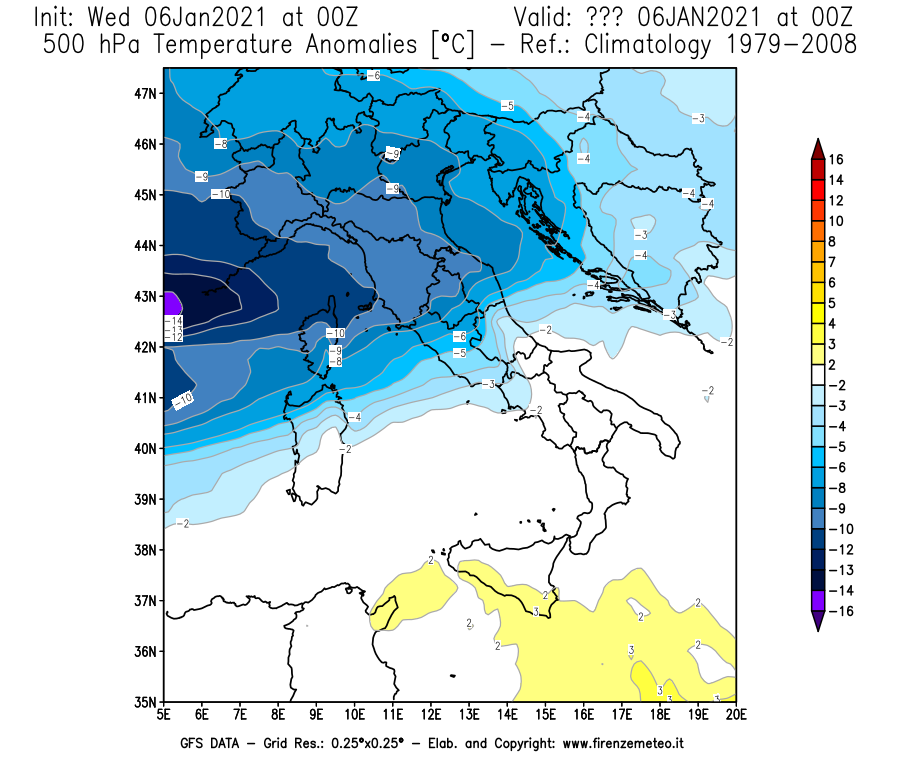 Mappa di analisi GFS - Anomalia Temperatura [°C] a 500 hPa in Italia
									del 06/01/2021 00 <!--googleoff: index-->UTC<!--googleon: index-->