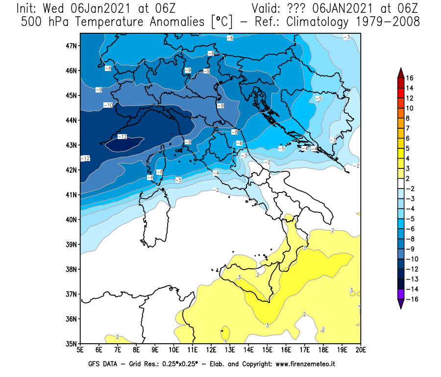 Mappa di analisi GFS - Anomalia Temperatura [°C] a 500 hPa in Italia
									del 06/01/2021 06 <!--googleoff: index-->UTC<!--googleon: index-->