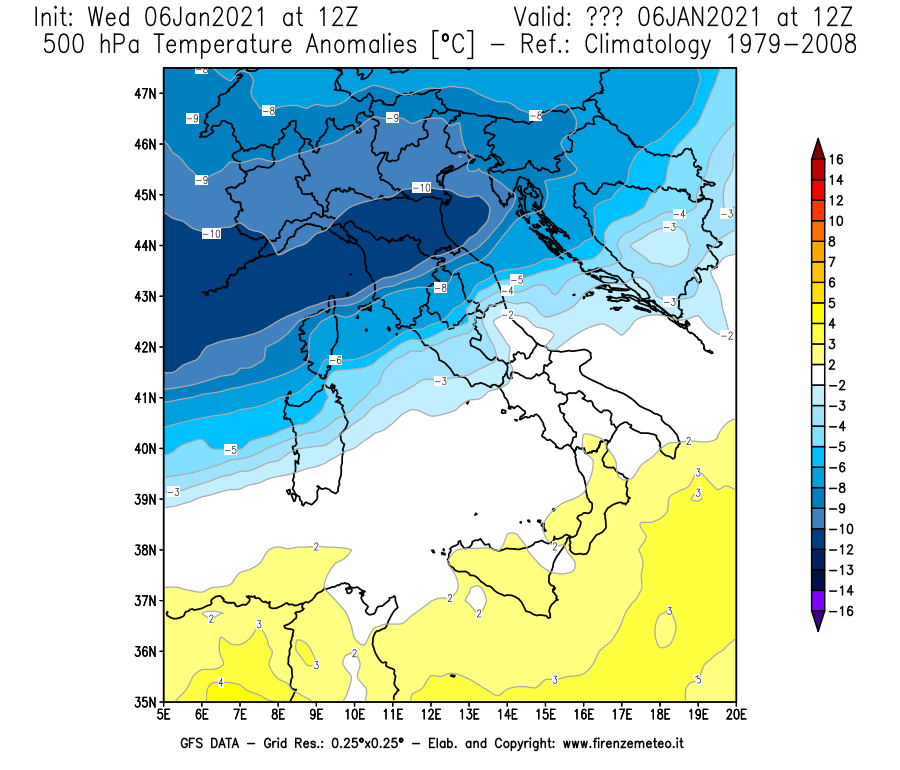 Mappa di analisi GFS - Anomalia Temperatura [°C] a 500 hPa in Italia
									del 06/01/2021 12 <!--googleoff: index-->UTC<!--googleon: index-->