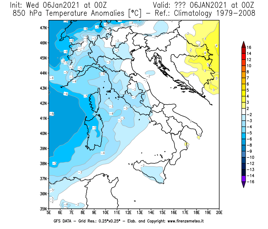 Mappa di analisi GFS - Anomalia Temperatura [°C] a 850 hPa in Italia
									del 06/01/2021 00 <!--googleoff: index-->UTC<!--googleon: index-->
